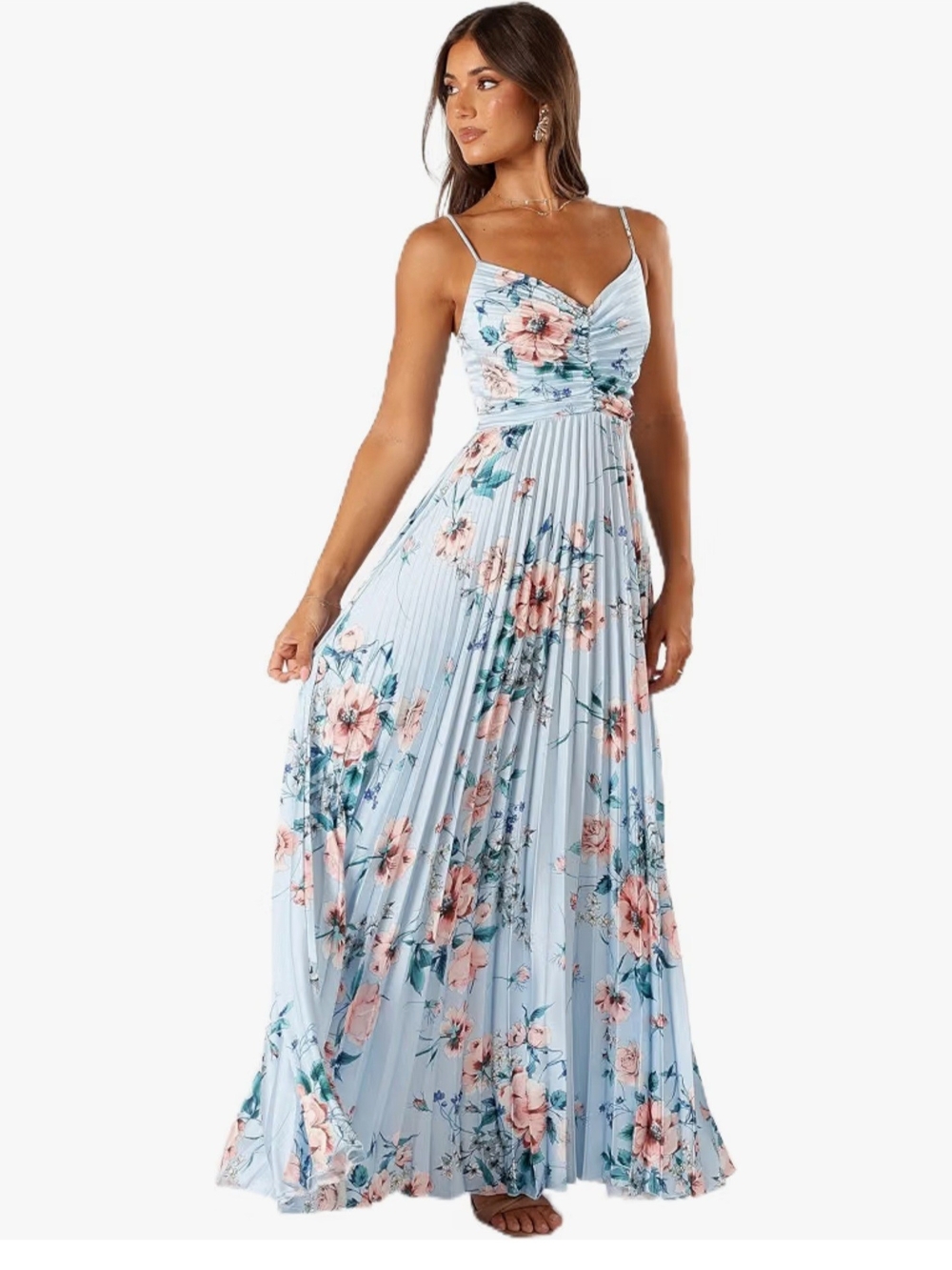 NWT Petal & Pup Light Blue Floral Naira Pleated Maxi Dress 16